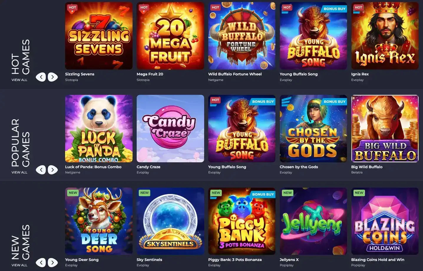Screenshot of the BirdSpin Casino games