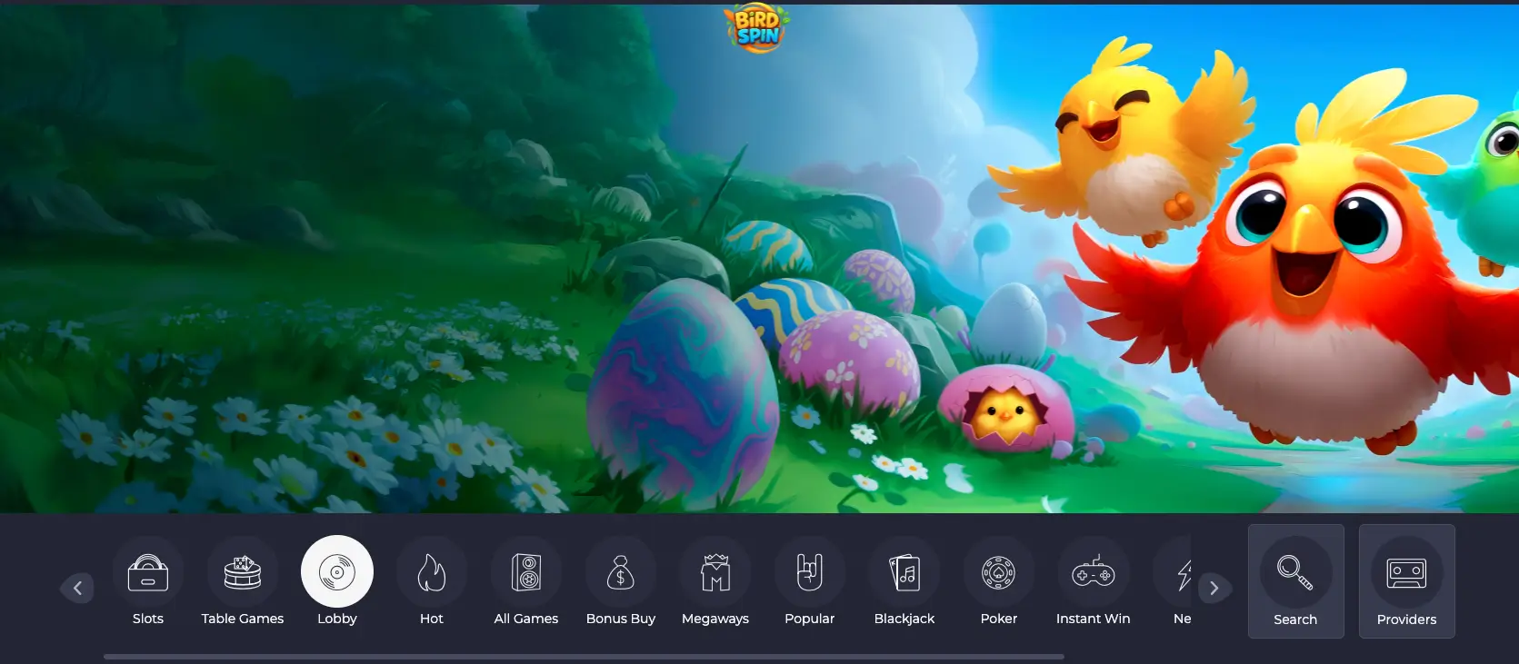 Screenshot of the BirdSpin Casino banner and game categories